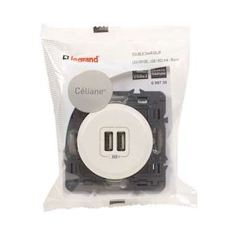 Double chargeur USB Céliane Type-A 3A 15W - finition blanc livré avec support|Legrand-LEG099736