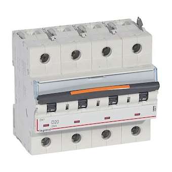 Disjoncteur DX³ 25kA arrivée haute/départ bas vis 4P 20A -courbe D - 6 mod|Legrand-LEG409847