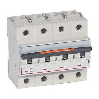 Disjoncteur DX³ 25kA arrivée haute/départ bas vis 4P 25A -courbe D - 6 mod|Legrand-LEG409848
