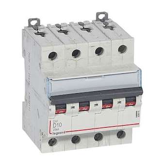 Disjoncteur DX³ 25kA arrivée haute/départ bas vis 4P 10A -courbe D - 4 mod|Legrand-LEG409845