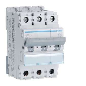Disjoncteur 3P 6-10kA courbe D - 10A 3 modules|Hager-HAGNGN310