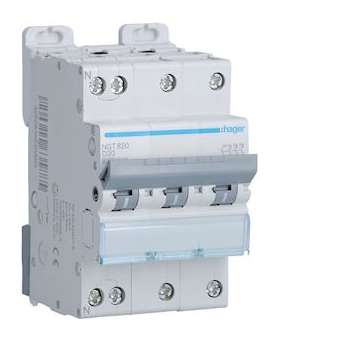 Disjoncteur 3P+N 6-10kA courbe D - 20A 3 modules|Hager-HAGNGT820