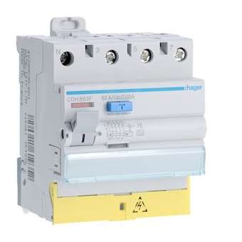 Interrupteur différentiel 3P+N 63A 30mA type haute immunité à bornes décalées|Hager-HAGCDH863F
