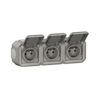 Triple prise de courant horizontale avec volet Plexo complet saillie - gris|Legrand-LEG070014