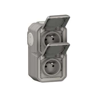Double prise de courant verticale avec volet Plexo complet saillie - gris|Legrand-LEG070013