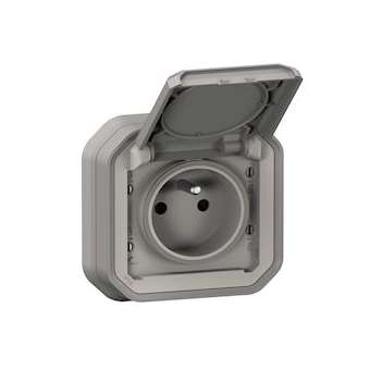 Prise de courant avec volet Plexo complet encastré avec griffes - gris|Legrand-LEG070031