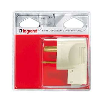 Fiche de puissance mâle 20A -sortie câble par dessous -2 broches -blister -blanc|Legrand-LEG090113