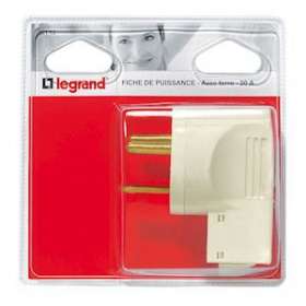 Fiche de puissance mâle 20A -sortie câble par dessous -2 broches -blister -blanc|Legrand-LEG090113