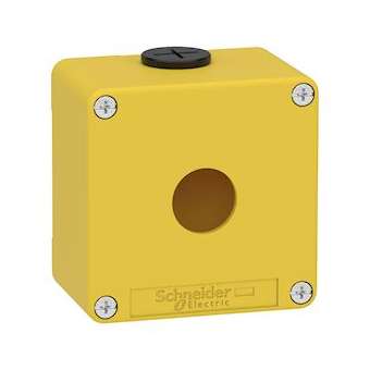 Boite métal vide jaune pour arrêts d'urgence M20 1 trou 22mm 80x80x51,5 UL cULus|Schneider Electric-SCHXAPK1201