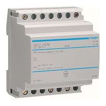 Transformateur sécurité 25VA 230V-12 à 24V|Hager-HAGST312