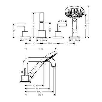 Set fin mél 4 trous montage bord baignoire, poignée manette, rosaces chromé poli|Hansgrohe-HA339446020