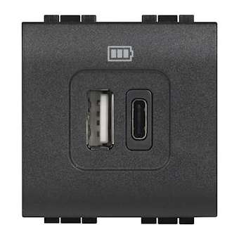 Chargeur 2 USB Type-A + Type-C 3A 15W Livinglight 230V - 2 modules anthracite|Bticino-TICBTL4287C2