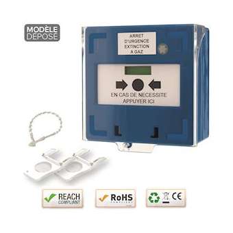 Déclencheur manuel bleu 1 contact Reset façade + capot, 2 clés, scellé|-IZYRCP100BU