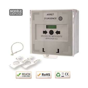 Déclencheur manuel blanc 1 contact Reset façade + capot, 2 clés, scellé|-IZYRCP100W