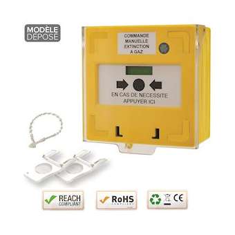 Déclencheur manuel jaune 1 contact Reset façade + capot, 2 clés, scellé|-IZYRCP100Y