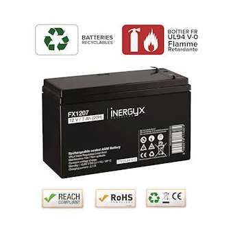 Batterie rechargeable VRLA 12V / 7 Ah - Bac FR UL94 V-0 - 151 x 65 x 94/100 mm|-IZYFX1207