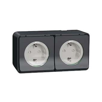 Mureva Styl - Double PC 2P+T schuko précâblée horiz - saillie - IP55 IK08 - gris|Schneider Electric-SCHMUR36029