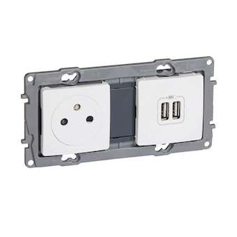 Prise de courant et chargeur 2 USB Type-A précâbles Niloé 2 postes - blanc|Legrand-LEG664740