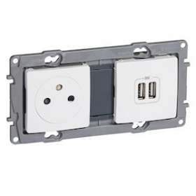 Prise de courant et chargeur 2 USB Type-A précâbles Niloé 2 postes - blanc|Legrand-LEG664740