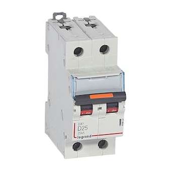 Disjoncteur DX³ 25kA arrivée haute/départ bas vis 2P 25A -courbe D - 2 mod|Legrand-LEG409822