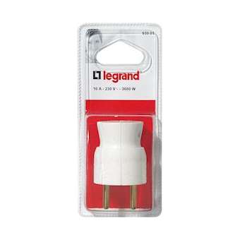 Fiche mâle avec terre plastique - sortie du câble par le dessous -blister -blanc|Legrand-LEG093901