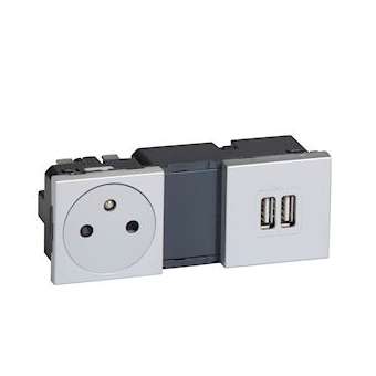 Prise 2P+T Surface + chargeur 2 USB TypeA 2,4A 5V Mosaic 2x2modules 230V -alu|Legrand-LEG079395