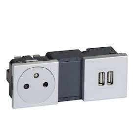 Prise 2P+T Surface + chargeur 2 USB TypeA 2,4A 5V Mosaic 2x2modules 230V -alu|Legrand-LEG079395