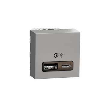 Unica - prise chargeur USB double - rapide 18W - 3,4A type A+C - 2 mod - alu|Schneider Electric-SCHNU301930