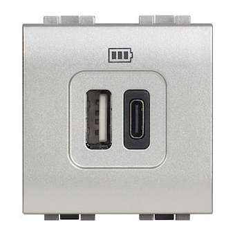 Chargeur 2 USB Type-A + Type-C 3A 5V 15WLivinglight 230V - Tech - 2 modules|Bticino-TICBTNT4287C2