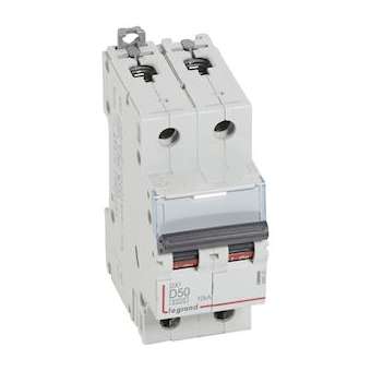 Disjoncteur DX³6000 10kA arrivée haute/départ bas vis 2P 50A courbe D - 2 mod|Legrand-LEG408020