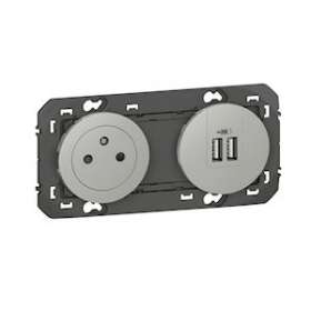 Prise 2P+T Surface + chargeur 2 USB Type-A dooxie 3A précâblés finition alu|Legrand-LEG600442