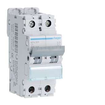 Disjoncteur 2P 6-10kA courbe C - 1A 2 modules|Hager-HAGNFN201