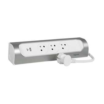 Rallonge d'angle 3x2P+T Surface et USB A+C avec cordon 1m - blanc/alu|Legrand-LEG049406