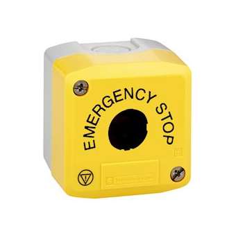 Harmony boite - 1 trou - couvercle jaune - EMERGENCY STOP - logos EN13850|Schneider Electric-SCHXALK01H29