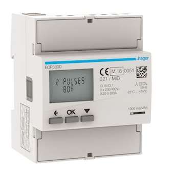 3 Phase kWhmeter direct 80A 4M S0 MID|Hager-HAGECP380D