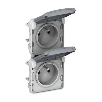Double prise 2P+T précâblées à la verticale Plexo composable IP55 16A 250V -gris|Legrand-LEG069563