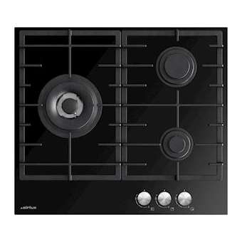 Table verre gaz 60 cm - 3 foyers dont 1 triple couronne 4 kW - 6,75kW - Manettes|Airlux-ALXATV63TBK