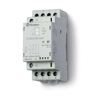 Contacteur 4NO 25A 24V AC/DC, AgSnO2, indicateur méca+ LED + sélecteur|Finder-FID223400244340