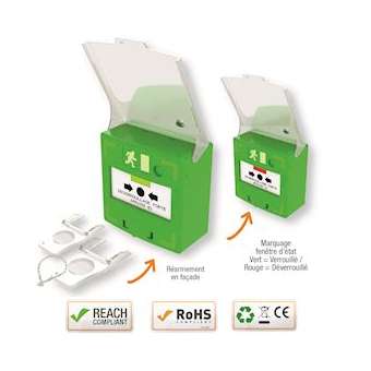 Déclencheur manuel vert 1 contact Reset façade + capot, 2 clés, scellé|-IZYRCP100G