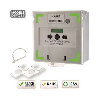 Déclen manuel blanc 3 cts LED/buz 12/24/48V DC Reset façade+capot,2 clés,scellé|-IZYRCP310W