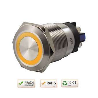 Bouton poussoir acier inox diam. 19 mm Halo jaune 12V DC Contact NO+NC (V)|-IZYSS19Y12
