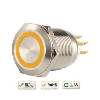 Bouton poussoir acier inox diam. 19 mm Halo jaune 12V DC Contact NO+NC (C)|-IZYSS19Y12C