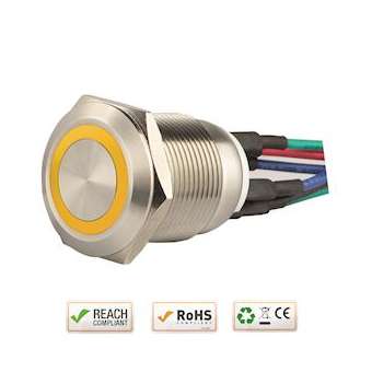 Bouton poussoir acier inox diam. 19 mm Halo jaune 12V DC Contact NO+NC (F)|-IZYSS19Y12W