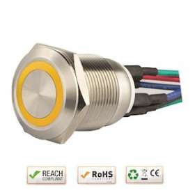 Bouton poussoir acier inox diam. 19 mm Halo jaune 12V DC Contact NO+NC (F)|-IZYSS19Y12W