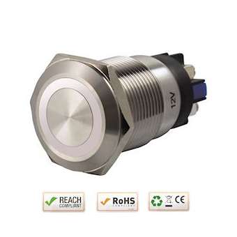Bouton poussoir acier inox diam. 19 mm Halo blanc 12V DC Contact NO+NC (V)|-IZYSS19W12