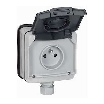 Prise de courant étanche 2P+T avec volet Plexo IP66 complet 16A 250V~ - gris|Legrand-LEG090466
