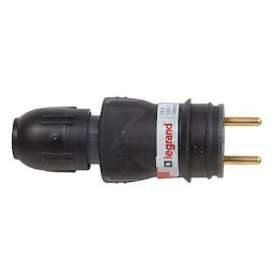 Fiche mâle caoutchouc 2P+T 16A IK08 connexion auto IP44 avec étiquette Gencod|Legrand-LEG050110