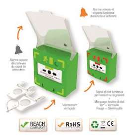 Déclen manuel vert 3 cts LED/buz 12/24/48V DC Reset façade+capot,2 clés,scellé|-IZYRCP310G