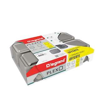 Lot de 3 prises + 2 va-et-vient + commande double Plexo complet saillie - gris|Legrand-LEG069792L