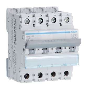 Disjoncteur 4P 6-10kA courbe D - 20A 4 modules|Hager-HAGNGN420